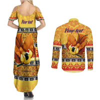 Personalised PNG Hamamas Krismas Couples Matching Summer Maxi Dress and Long Sleeve Button Shirt Papua New Guinea Bird Of Paradise Merry Christmas Gold Style LT9 - Polynesian Pride