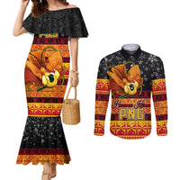 PNG Hamamas Krismas Couples Matching Mermaid Dress and Long Sleeve Button Shirt Papua New Guinea Bird Of Paradise Merry Christmas Black Style LT9 Black - Polynesian Pride