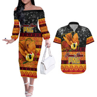 PNG Hamamas Krismas Couples Matching Off The Shoulder Long Sleeve Dress and Hawaiian Shirt Papua New Guinea Bird Of Paradise Merry Christmas Black Style LT9 Black - Polynesian Pride
