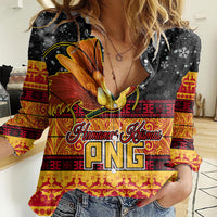 PNG Hamamas Krismas Women Casual Shirt Papua New Guinea Bird Of Paradise Merry Christmas Black Style LT9 Female Black - Polynesian Pride
