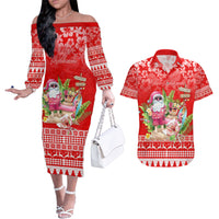 Personalised Hawaii Mele Kalikimaka Couples Matching Off The Shoulder Long Sleeve Dress and Hawaiian Shirt Santa Beach Merry Christmas LT9 Red - Polynesian Pride