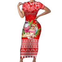 Personalised Hawaii Mele Kalikimaka Short Sleeve Bodycon Dress Santa Beach Merry Christmas LT9 Long Dress Red - Polynesian Pride