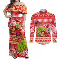 Hawaii Mele Kalikimaka Couples Matching Off Shoulder Maxi Dress and Long Sleeve Button Shirt Santa Claus and Hula Dancing Merry Christmas LT9 Red - Polynesian Pride