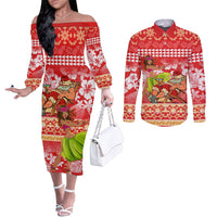 Hawaii Mele Kalikimaka Couples Matching Off The Shoulder Long Sleeve Dress and Long Sleeve Button Shirt Santa Claus and Hula Dancing Merry Christmas LT9 Red - Polynesian Pride