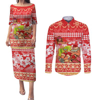 Hawaii Mele Kalikimaka Couples Matching Puletasi Dress and Long Sleeve Button Shirt Santa Claus and Hula Dancing Merry Christmas LT9 Red - Polynesian Pride