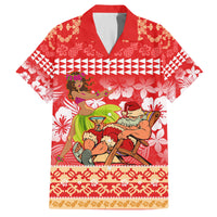 Hawaii Mele Kalikimaka Family Matching Off Shoulder Short Dress and Hawaiian Shirt Santa Claus and Hula Dancing Merry Christmas LT9 Dad's Shirt - Short Sleeve Red - Polynesian Pride