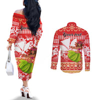 Personalised Hawaii Mele Kalikimaka Couples Matching Off The Shoulder Long Sleeve Dress and Long Sleeve Button Shirt Santa Claus and Hula Dancing Merry Christmas LT9 - Polynesian Pride