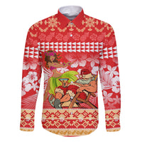 Personalised Hawaii Mele Kalikimaka Family Matching Short Sleeve Bodycon Dress and Hawaiian Shirt Santa Claus and Hula Dancing Merry Christmas LT9 Dad's Shirt - Long Sleeve Red - Polynesian Pride