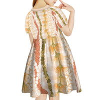 Hawaiian Ohia Lehua Lei Kid Short Sleeve Dress Plaid Palaka Ahiehie Pattern - Polynesian Pride