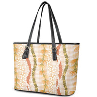 Hawaiian Ohia Lehua Lei Leather Tote Bag Plaid Palaka Ahiehie Pattern - Polynesian Pride