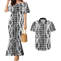 Hawaiian Ohia Lehua Lei Couples Matching Mermaid Dress and Hawaiian Shirt Plaid Palaka Eleele Pattern - undefined