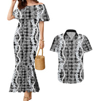 Hawaiian Ohia Lehua Lei Couples Matching Mermaid Dress and Hawaiian Shirt Plaid Palaka Eleele Pattern LT9 Black - Polynesian Pride
