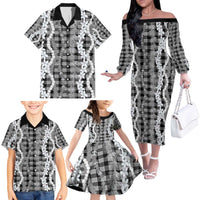 Hawaiian Ohia Lehua Lei Family Matching Off The Shoulder Long Sleeve Dress and Hawaiian Shirt Plaid Palaka Eleele Pattern - Polynesian Pride
