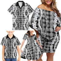 Hawaiian Ohia Lehua Lei Family Matching Off Shoulder Short Dress and Hawaiian Shirt Plaid Palaka Eleele Pattern - Polynesian Pride
