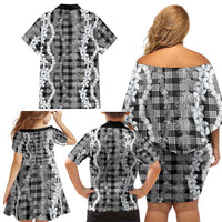 Hawaiian Ohia Lehua Lei Family Matching Off Shoulder Short Dress and Hawaiian Shirt Plaid Palaka Eleele Pattern - Polynesian Pride