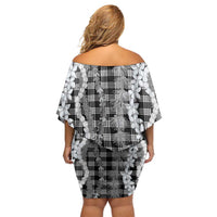 Hawaiian Ohia Lehua Lei Family Matching Off Shoulder Short Dress and Hawaiian Shirt Plaid Palaka Eleele Pattern - Polynesian Pride