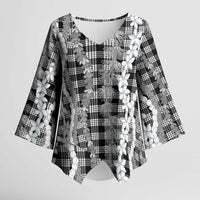 Hawaiian Ohia Lehua Lei Kimono Sleeve Blouse Plaid Palaka Eleele Pattern - Polynesian Pride