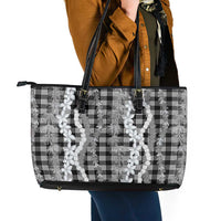 Hawaiian Ohia Lehua Lei Leather Tote Bag Plaid Palaka Eleele Pattern - Polynesian Pride