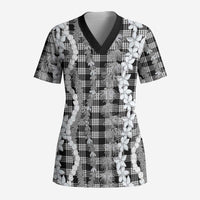Hawaiian Ohia Lehua Lei Scrub Top Plaid Palaka Eleele Pattern - Polynesian Pride