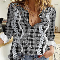 Hawaiian Ohia Lehua Lei Women Casual Shirt Plaid Palaka Eleele Pattern - Polynesian Pride