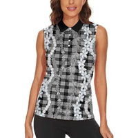 Hawaiian Ohia Lehua Lei Women Sleeveless Polo Shirt Plaid Palaka Eleele Pattern - Polynesian Pride
