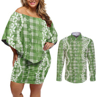 Hawaiian Ohia Lehua Lei Couples Matching Off Shoulder Short Dress and Long Sleeve Button Shirt Plaid Palaka Omaomao Pattern - Polynesian Pride