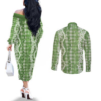 Hawaiian Ohia Lehua Lei Couples Matching Off The Shoulder Long Sleeve Dress and Long Sleeve Button Shirt Plaid Palaka Omaomao Pattern - Polynesian Pride