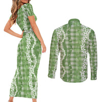 Hawaiian Ohia Lehua Lei Couples Matching Short Sleeve Bodycon Dress and Long Sleeve Button Shirt Plaid Palaka Omaomao Pattern - Polynesian Pride