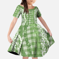 Hawaiian Ohia Lehua Lei Family Matching Long Sleeve Bodycon Dress and Hawaiian Shirt Plaid Palaka Omaomao Pattern LT9 Daughter's Dress Green - Polynesian Pride