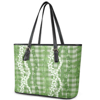Hawaiian Ohia Lehua Lei Leather Tote Bag Plaid Palaka Omaomao Pattern - Polynesian Pride