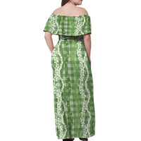 Hawaiian Ohia Lehua Lei Off Shoulder Maxi Dress Plaid Palaka Omaomao Pattern - Polynesian Pride