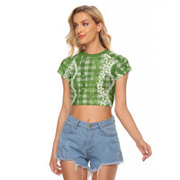 Hawaiian Ohia Lehua Lei Raglan Cropped T Shirt Plaid Palaka Omaomao Pattern LT9 Female Green - Polynesian Pride