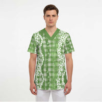 Hawaiian Ohia Lehua Lei Scrub Top Plaid Palaka Omaomao Pattern - Polynesian Pride