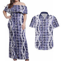 Hawaiian Ohia Lehua Lei Couples Matching Off Shoulder Maxi Dress and Hawaiian Shirt Plaid Palaka Uliuli hohonu Pattern LT9 Navy - Polynesian Pride