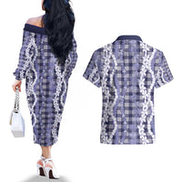Hawaiian Ohia Lehua Lei Couples Matching Off The Shoulder Long Sleeve Dress and Hawaiian Shirt Plaid Palaka Uliuli hohonu Pattern - Polynesian Pride