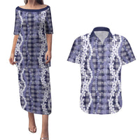 Hawaiian Ohia Lehua Lei Couples Matching Puletasi and Hawaiian Shirt Plaid Palaka Uliuli hohonu Pattern LT9 Navy - Polynesian Pride