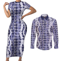 Hawaiian Ohia Lehua Lei Couples Matching Short Sleeve Bodycon Dress and Long Sleeve Button Shirt Plaid Palaka Uliuli hohonu Pattern - Polynesian Pride