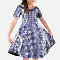 Hawaiian Ohia Lehua Lei Family Matching Off Shoulder Short Dress and Hawaiian Shirt Plaid Palaka Uliuli hohonu Pattern LT9 Daughter's Dress Navy - Polynesian Pride