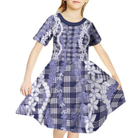 Hawaiian Ohia Lehua Lei Kid Short Sleeve Dress Plaid Palaka Uliuli hohonu Pattern - Polynesian Pride