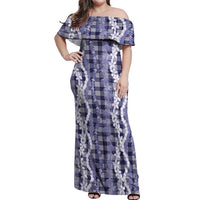 Hawaiian Ohia Lehua Lei Off Shoulder Maxi Dress Plaid Palaka Uliuli hohonu Pattern - Polynesian Pride