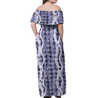 Hawaiian Ohia Lehua Lei Off Shoulder Maxi Dress Plaid Palaka Uliuli hohonu Pattern - Polynesian Pride