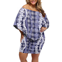 Hawaiian Ohia Lehua Lei Off Shoulder Short Dress Plaid Palaka Uliuli hohonu Pattern - Polynesian Pride