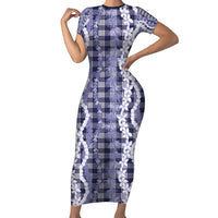 Hawaiian Ohia Lehua Lei Short Sleeve Bodycon Dress Plaid Palaka Uliuli hohonu Pattern - Polynesian Pride