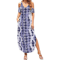 Hawaiian Ohia Lehua Lei Summer Maxi Dress Plaid Palaka Uliuli hohonu Pattern - Polynesian Pride