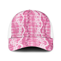 Hawaiian Ohia Lehua Lei Baseball Net Cap Plaid Palaka Akala Pattern LT9 One Size White Pink - Polynesian Pride
