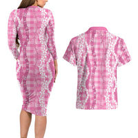Hawaiian Ohia Lehua Lei Couples Matching Long Sleeve Bodycon Dress and Hawaiian Shirt Plaid Palaka Akala Pattern LT9 - Polynesian Pride