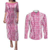 Hawaiian Ohia Lehua Lei Couples Matching Puletasi and Long Sleeve Button Shirt Plaid Palaka Akala Pattern - Polynesian Pride