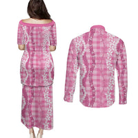 Hawaiian Ohia Lehua Lei Couples Matching Puletasi and Long Sleeve Button Shirt Plaid Palaka Akala Pattern - Polynesian Pride