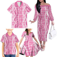Hawaiian Ohia Lehua Lei Family Matching Off The Shoulder Long Sleeve Dress and Hawaiian Shirt Plaid Palaka Akala Pattern - Polynesian Pride