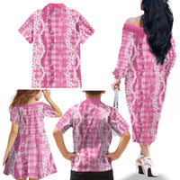 Hawaiian Ohia Lehua Lei Family Matching Off The Shoulder Long Sleeve Dress and Hawaiian Shirt Plaid Palaka Akala Pattern - Polynesian Pride